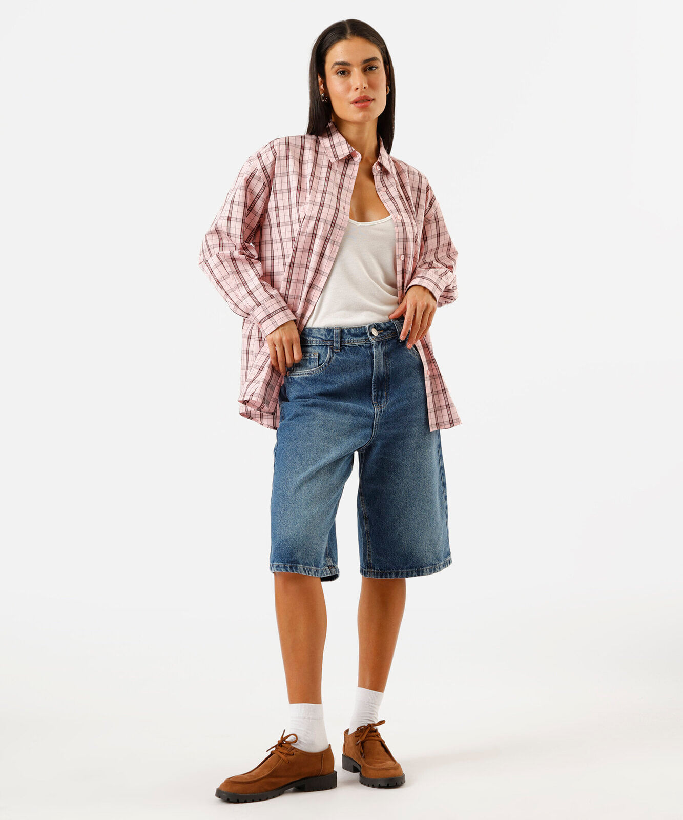 camisa oversized feminina de algodão manga longa xadrez rosa