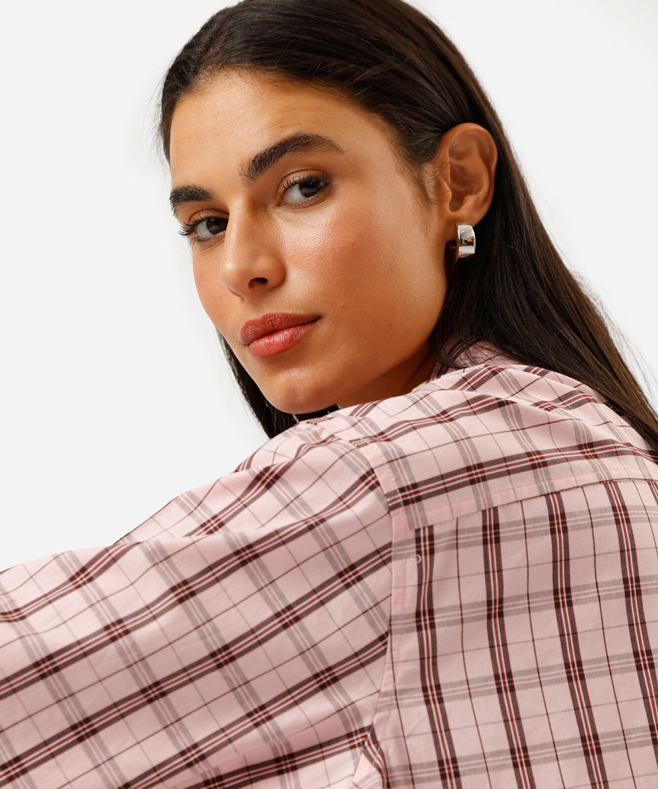 camisa oversized feminina de algodão manga longa xadrez rosa