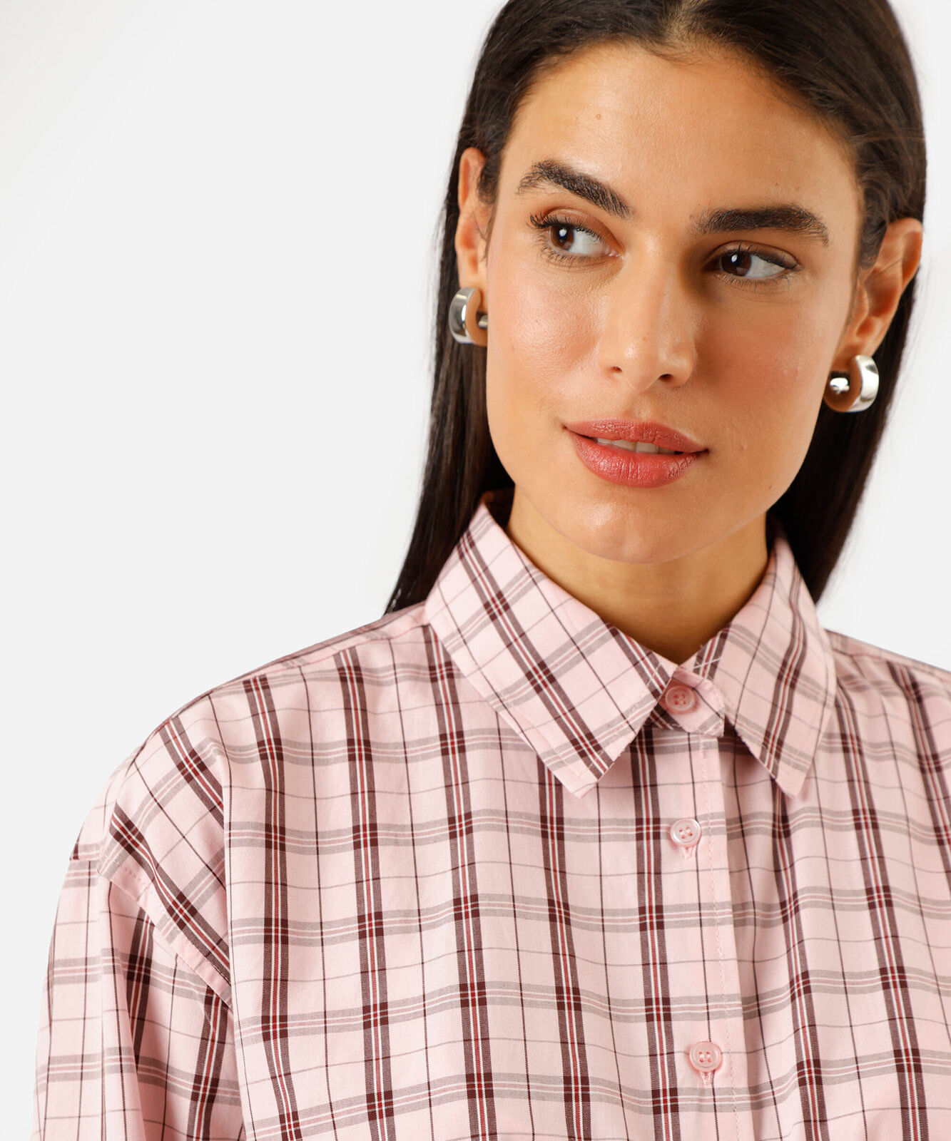 camisa oversized feminina de algodão manga longa xadrez rosa