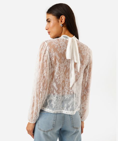 bata feminina de renda gola alta com amarração off white