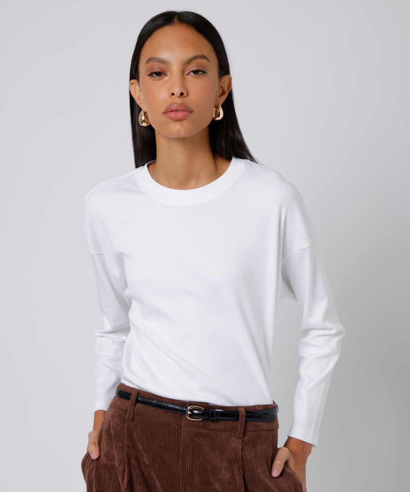 camiseta slim fit oversized feminina de algodão manga longa mindset branca