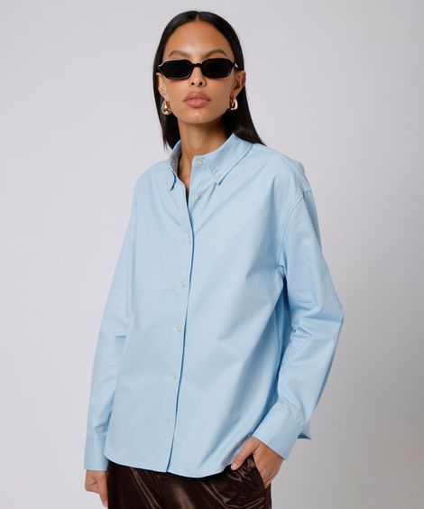 camisa feminina de algodão manga longa mindset azul