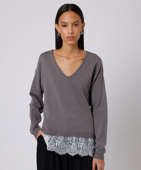 suéter feminino de tricot decote v com renda mindset cinza