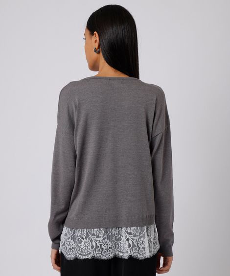 suéter feminino de tricot decote v com renda mindset cinza