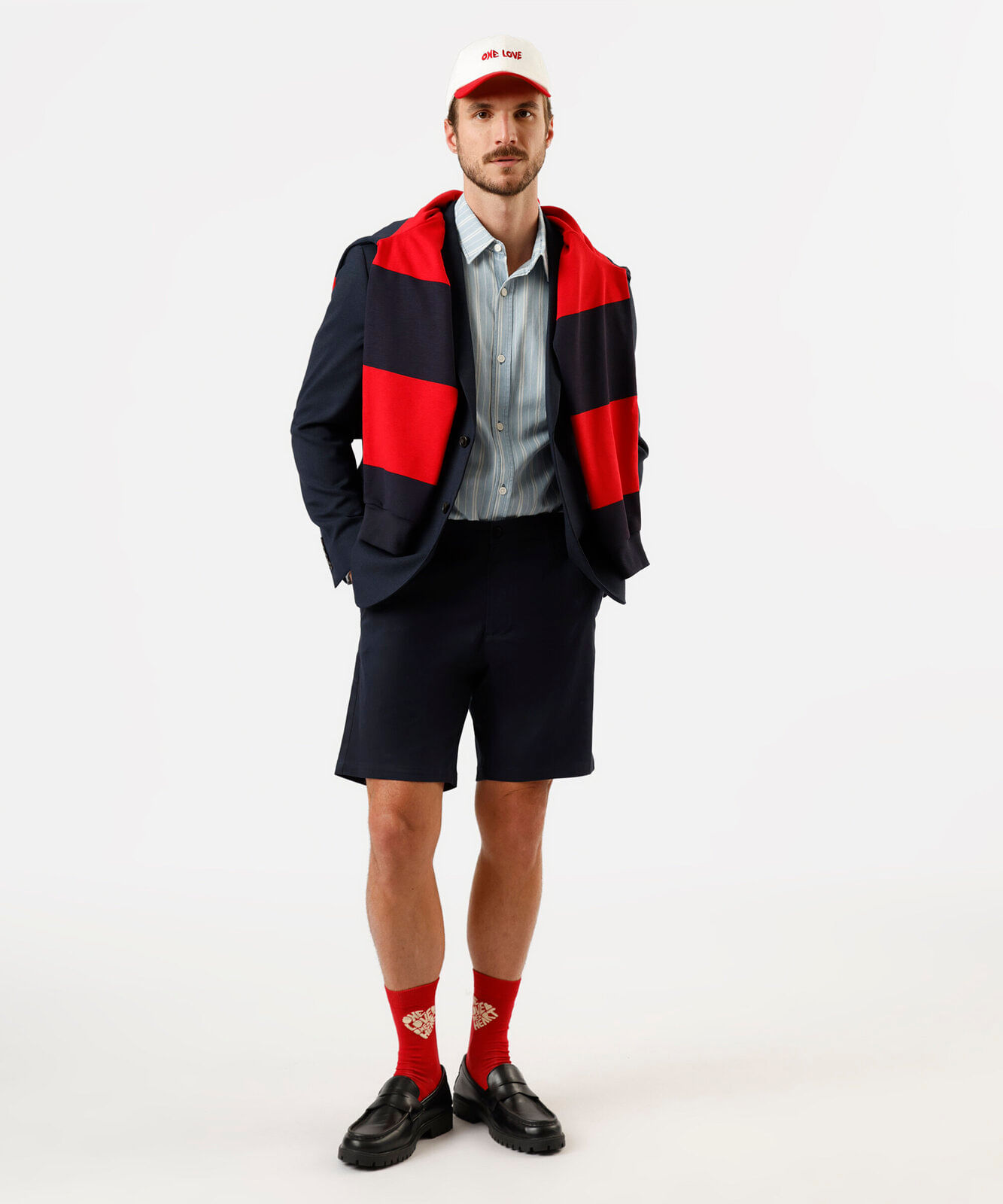 bermuda chino reta masculina de sarja azul