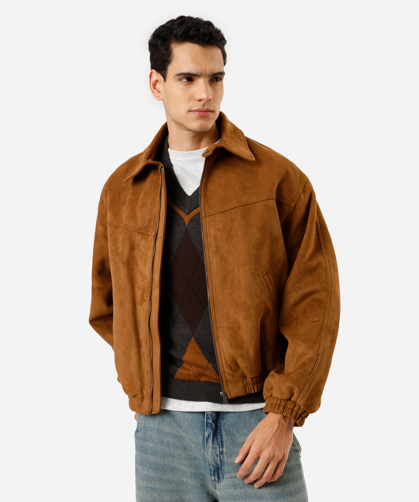 jaqueta bomber oversized masculina de suede marrom