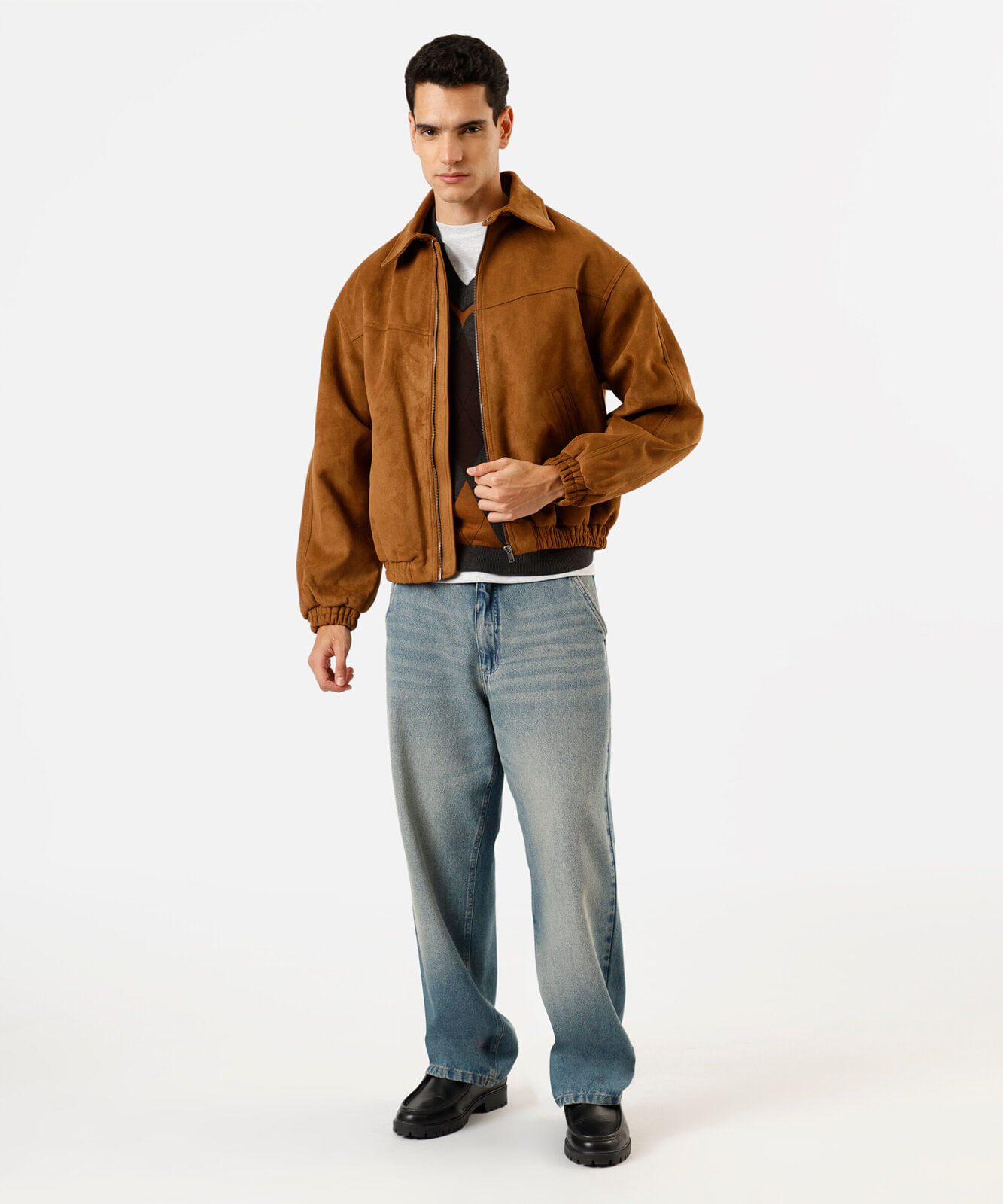 jaqueta bomber oversized masculina de suede marrom