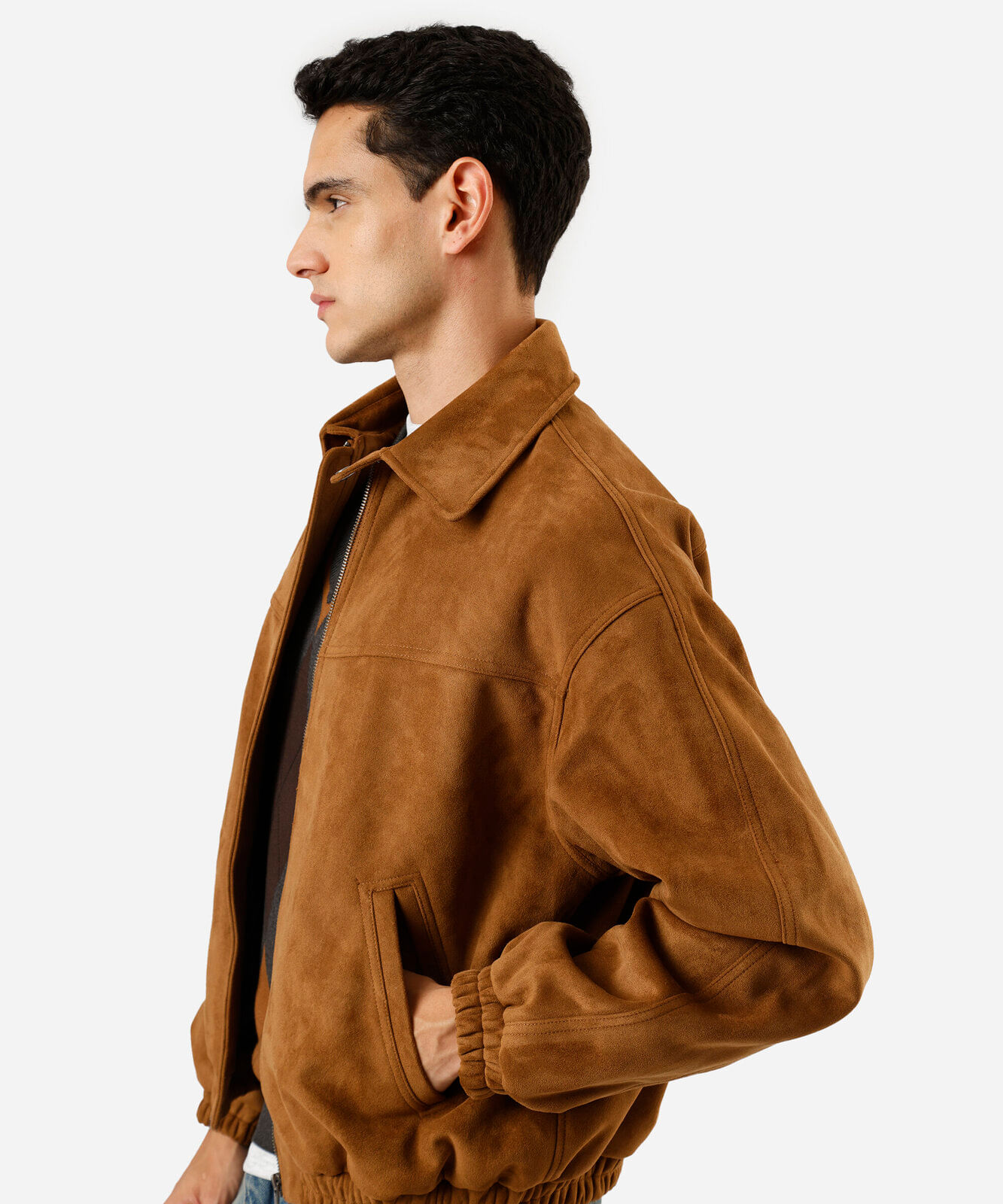 jaqueta bomber oversized masculina de suede marrom