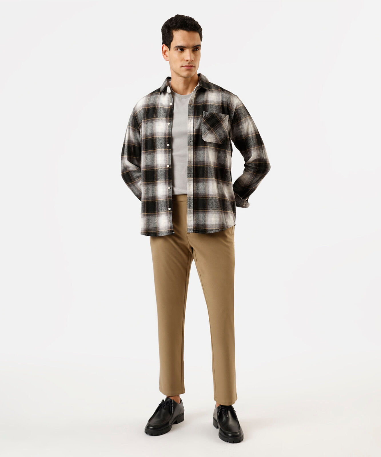camisa comfort masculina de algodão manga longa xadrez preta