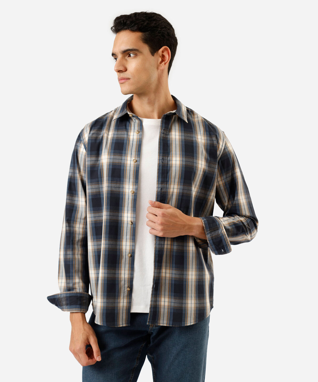 camisa masculina com algodão manga longa xadrez azul