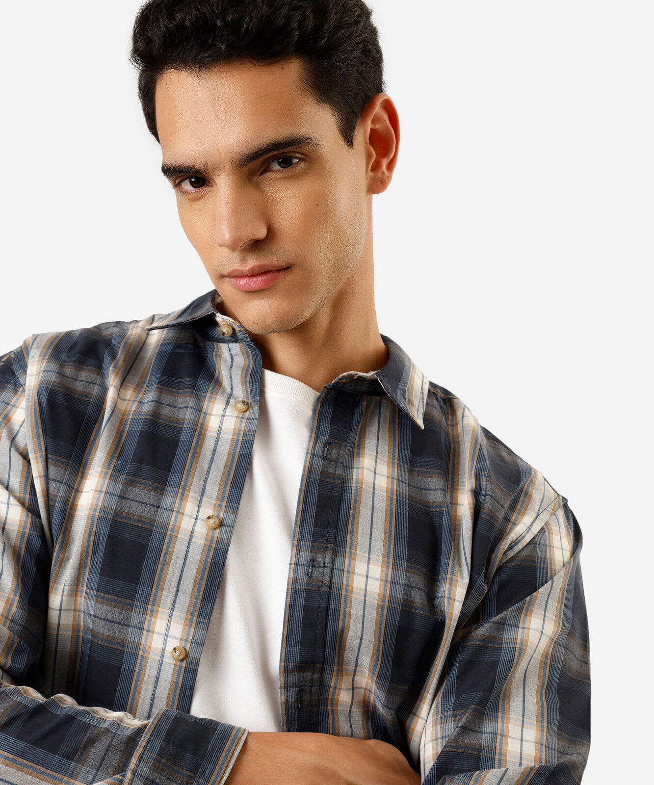 camisa masculina com algodão manga longa xadrez azul