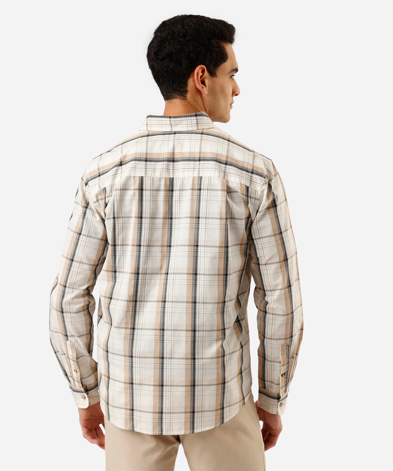 camisa masculina com algodão manga longa xadrez bege