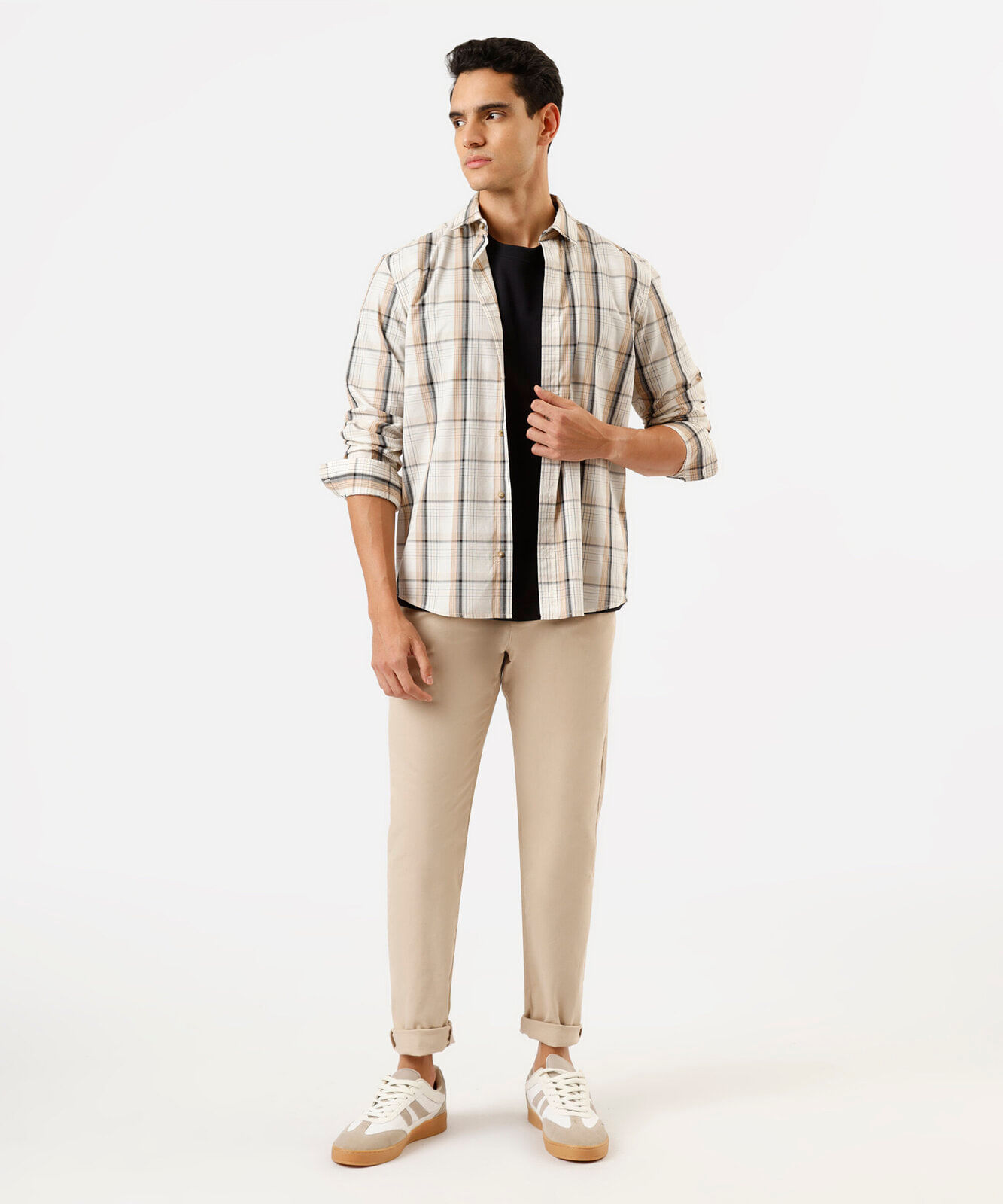 camisa masculina com algodão manga longa xadrez bege