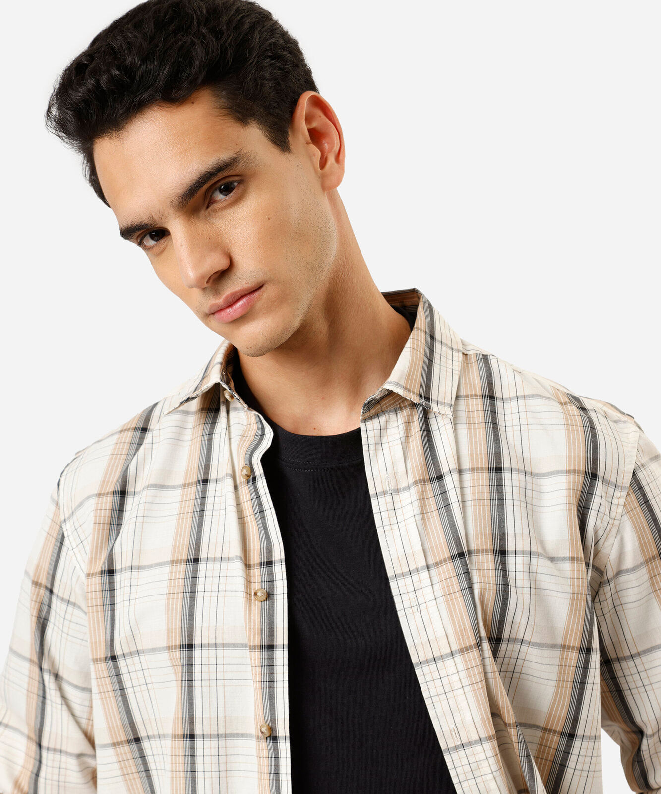 camisa masculina com algodão manga longa xadrez bege