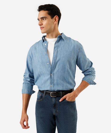 camisa masculina jeans manga longa azul