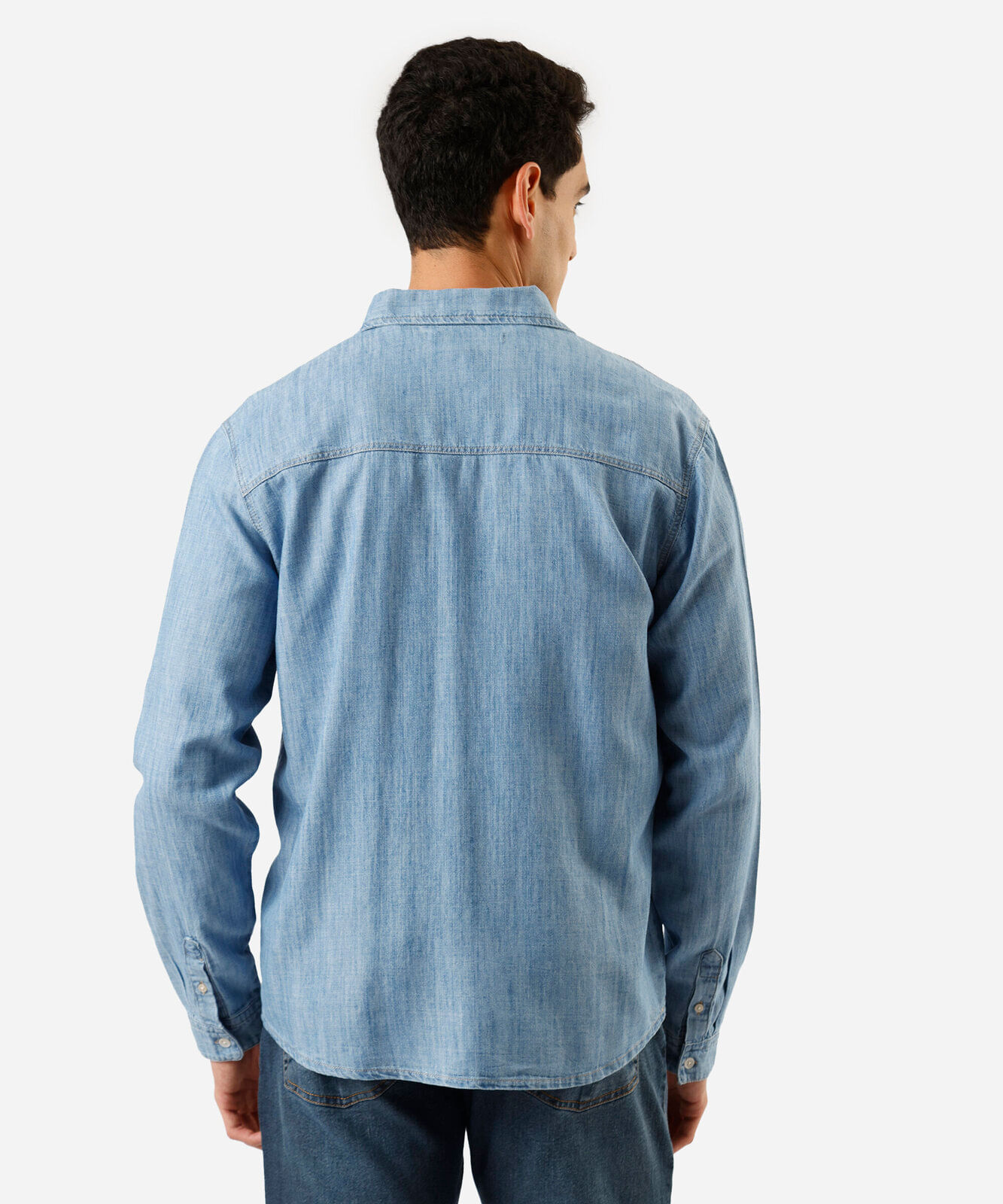 camisa masculina jeans manga longa azul