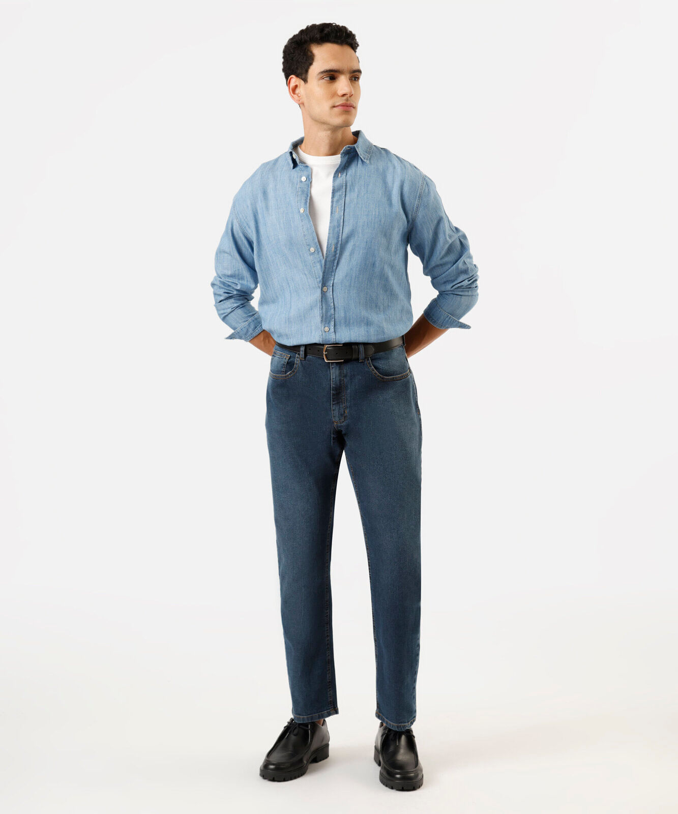 camisa masculina jeans manga longa azul