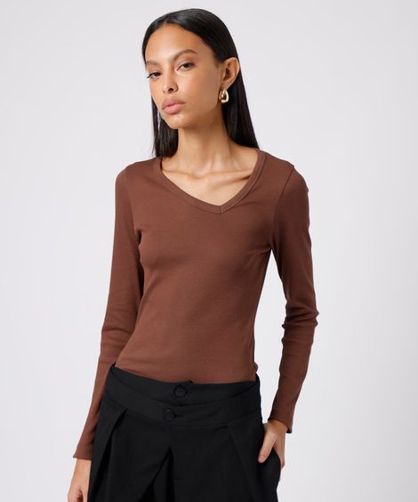blusa slim fit feminina de algodão decote v deslocado manga longa mindset marrom