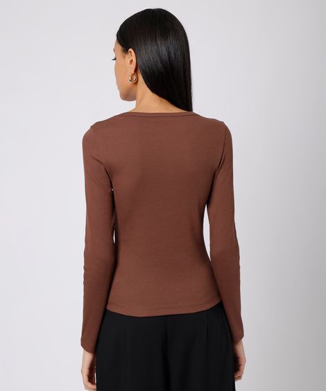 blusa slim fit feminina de algodão decote v deslocado manga longa mindset marrom