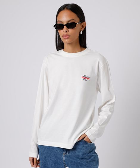 camiseta feminina de algodão manga longa estampada mindset off white