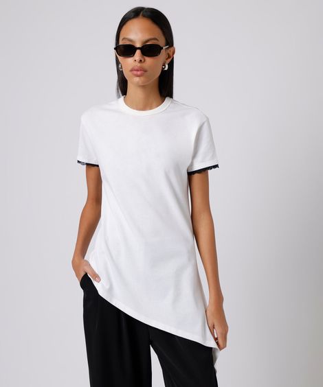 camiseta peplum feminina de algodão com renda manga curta mindset off white