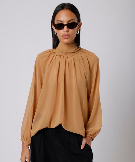 blusa feminina gola alta com amarração mindset marrom