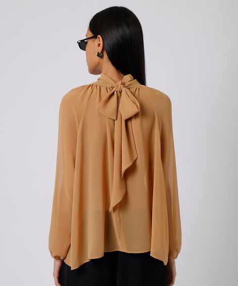 blusa feminina gola alta com amarração mindset marrom