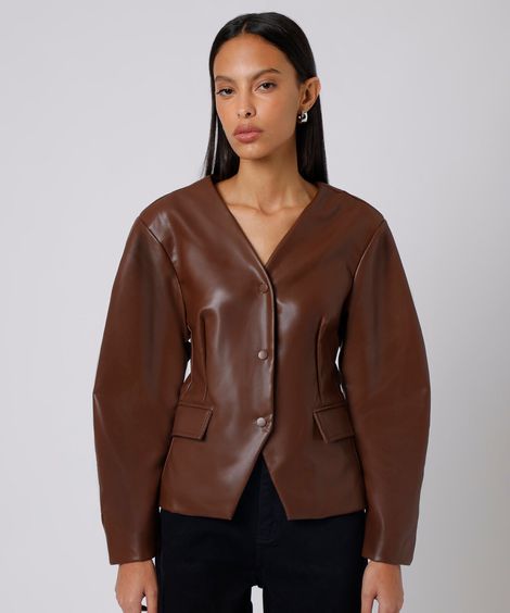 blazer acinturado feminino de pu manga bufante mindset marrom