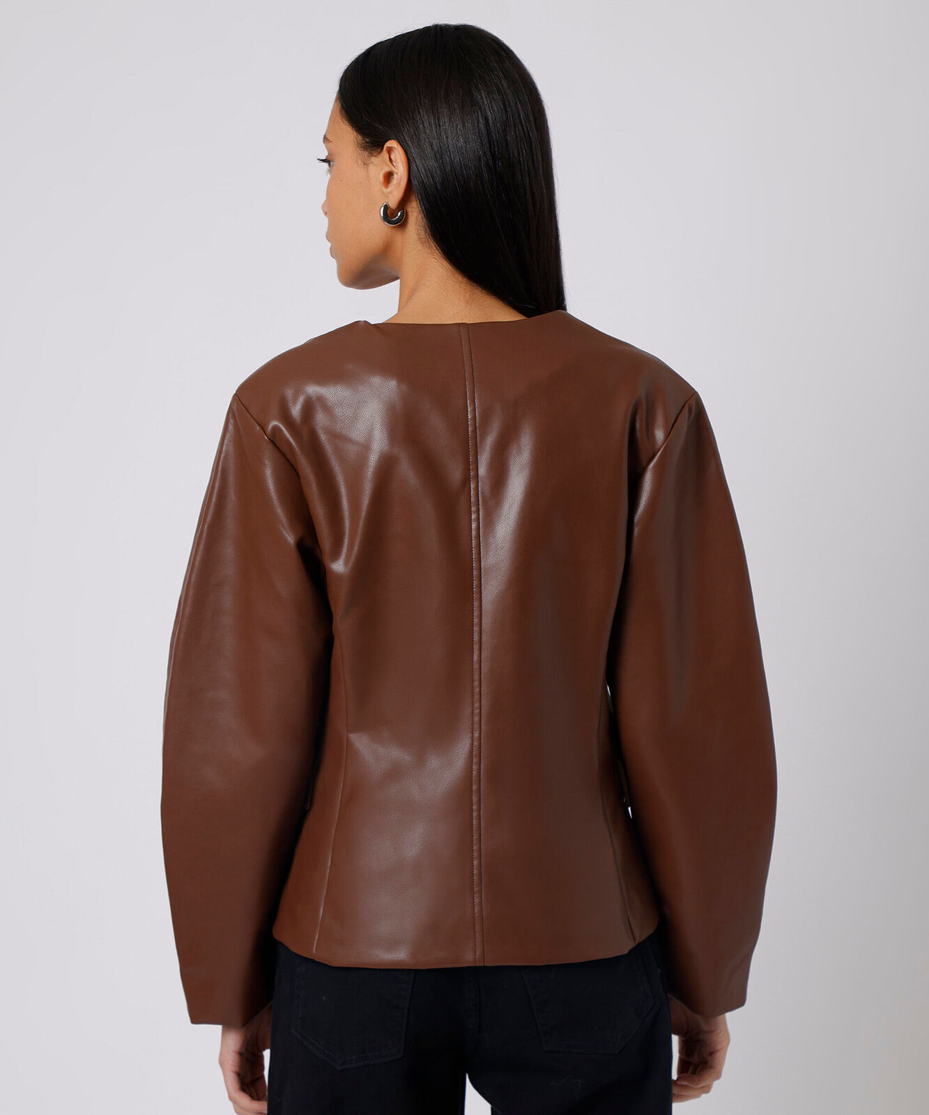 blazer acinturado feminino de pu manga bufante mindset marrom