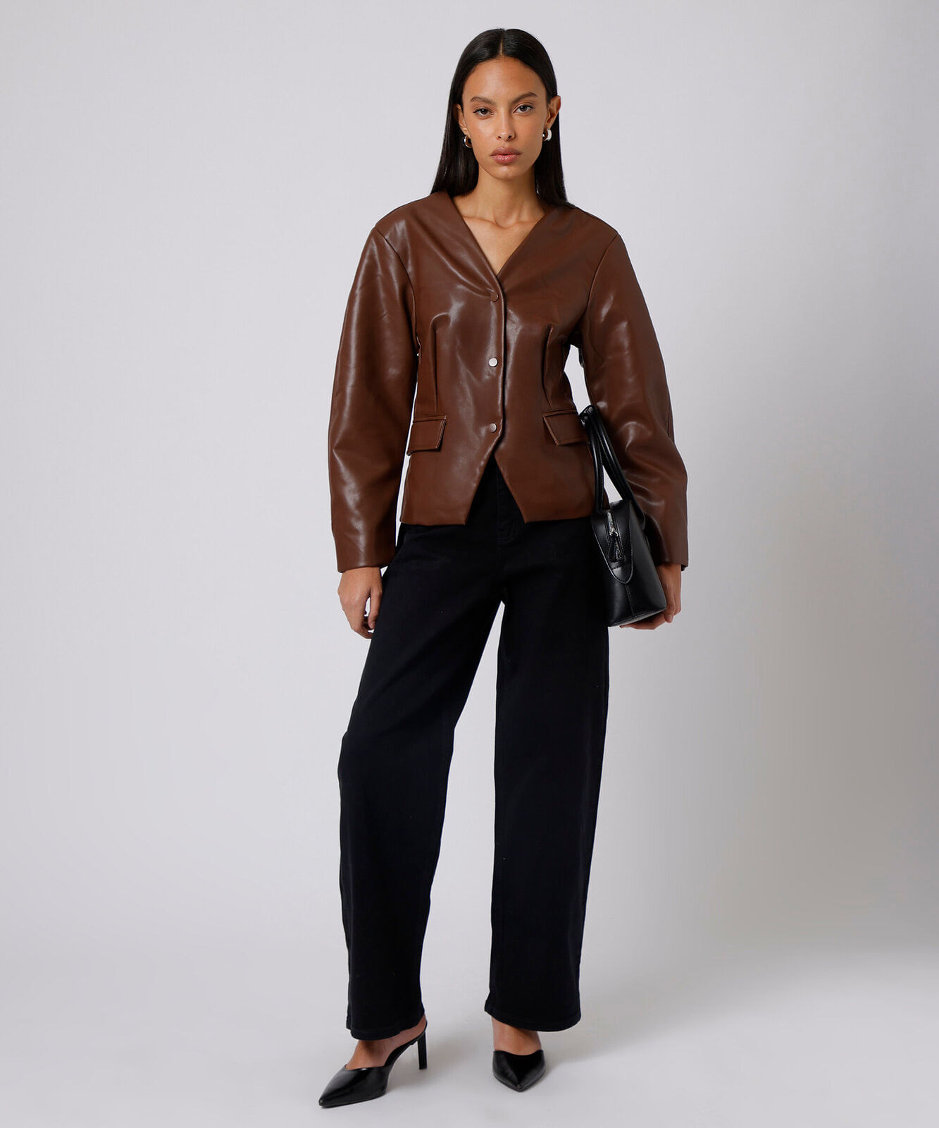 blazer acinturado feminino de pu manga bufante mindset marrom