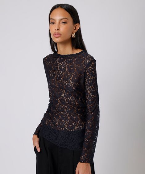blusa feminina de renda floral mindset preta