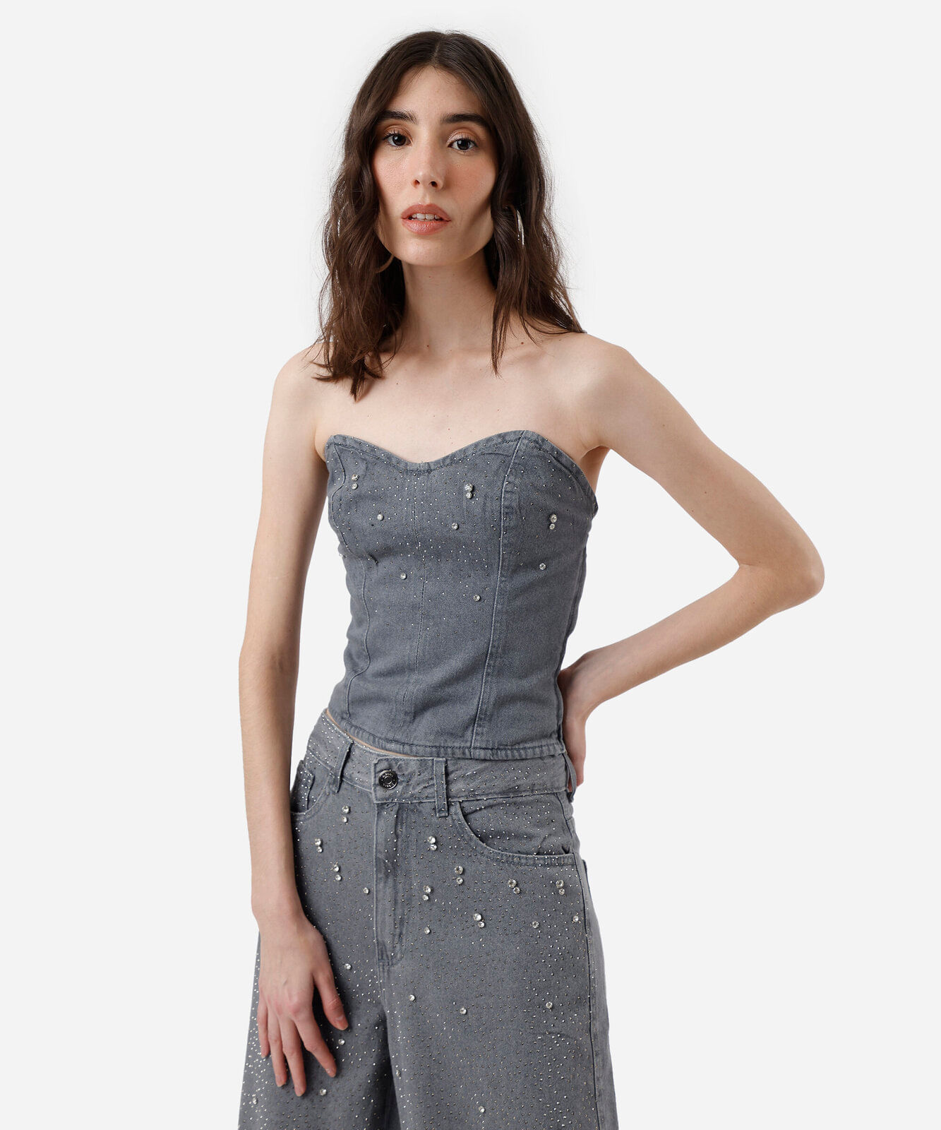blusa sem alça feminina jeans decote coração com brilhos cinza