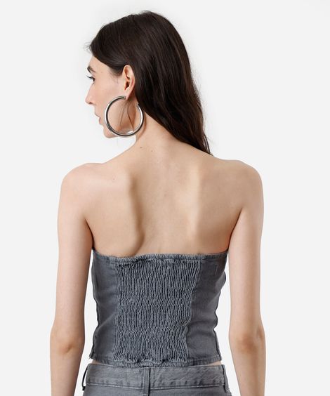blusa sem alça feminina jeans decote coração com brilhos cinza
