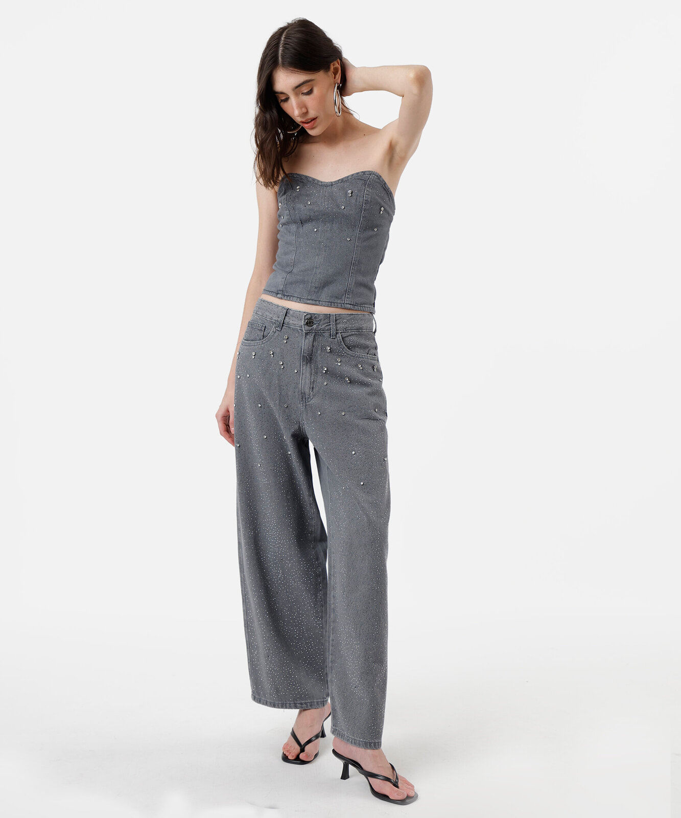 blusa sem alça feminina jeans decote coração com brilhos cinza