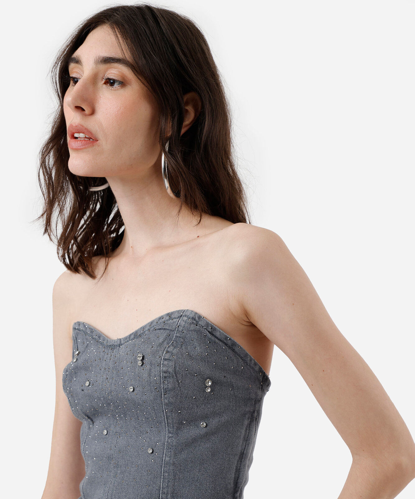 blusa sem alça feminina jeans decote coração com brilhos cinza