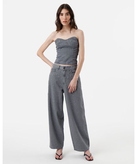 calça baggy feminina jeans com brilhos cintura média cinza