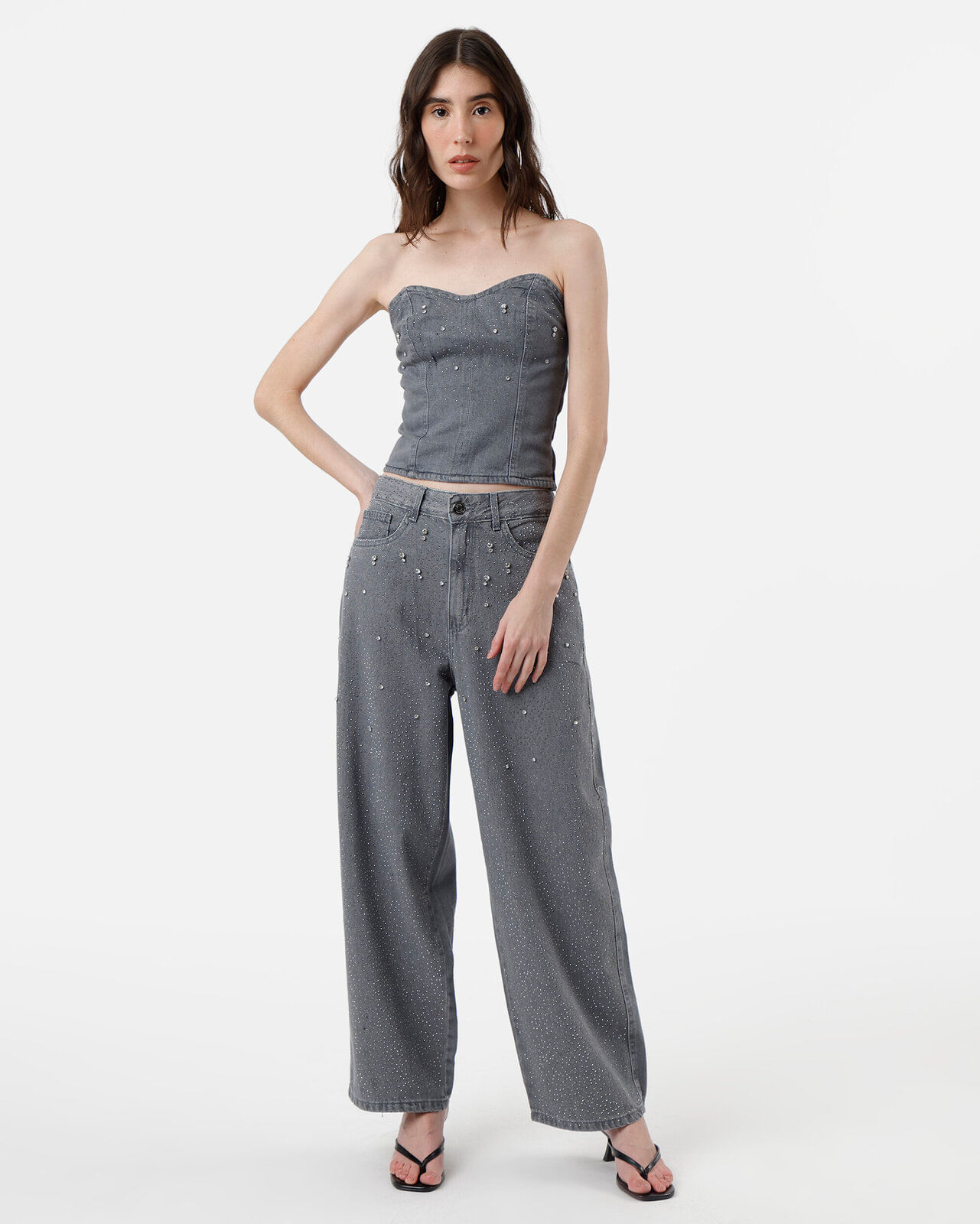 calça baggy feminina jeans com brilhos cintura média cinza