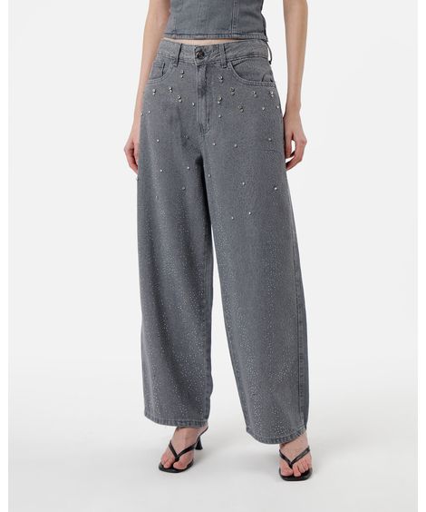 calça baggy feminina jeans com brilhos cintura média cinza