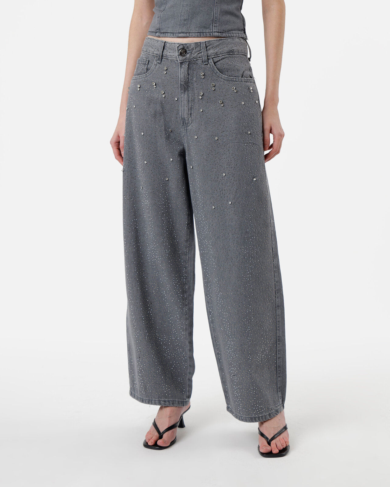 calça baggy feminina jeans com brilhos cintura média cinza
