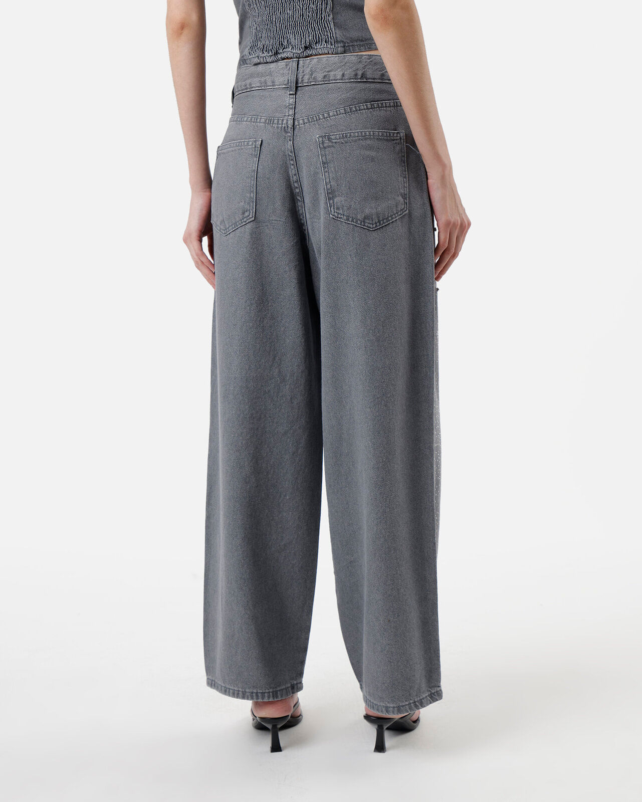 calça baggy feminina jeans com brilhos cintura média cinza