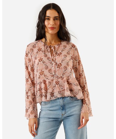 bata feminina manga longa com babados floral bege