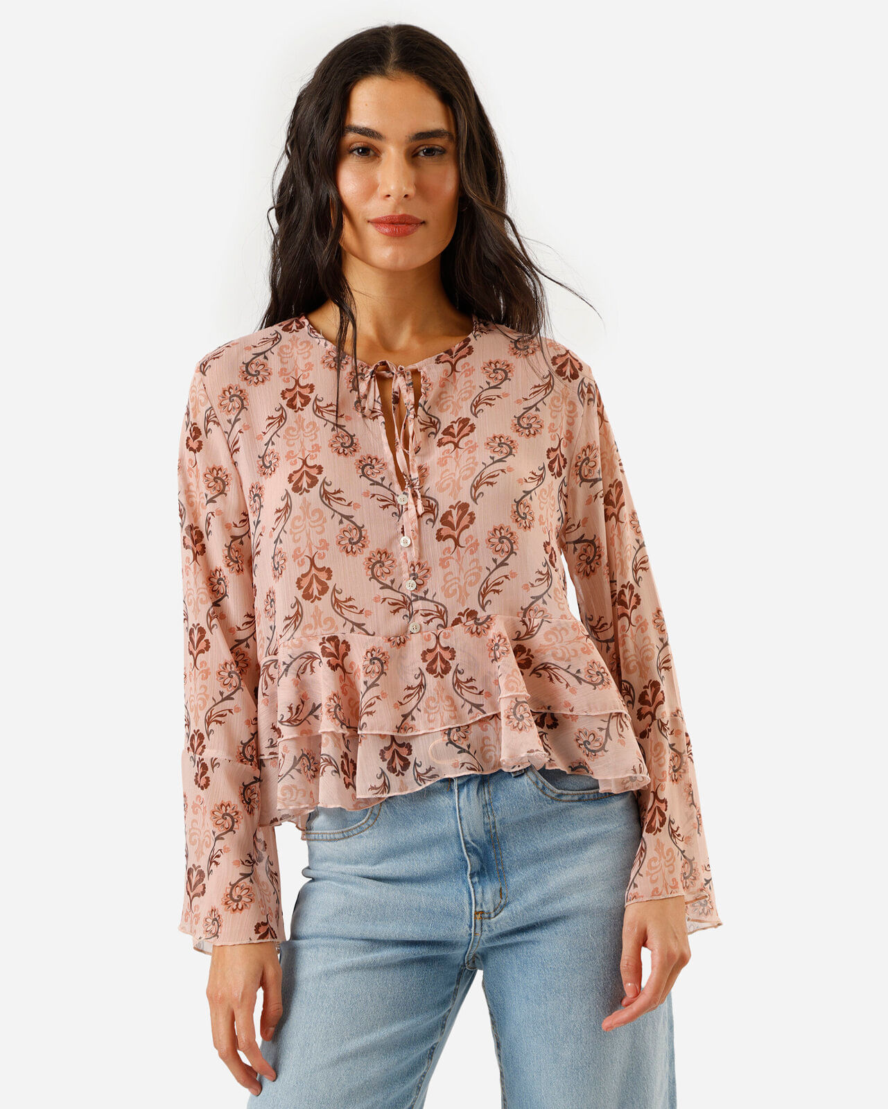 bata feminina manga longa com babados floral bege