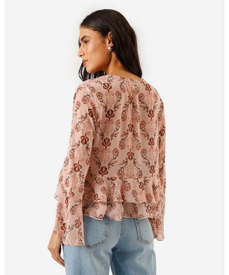 bata feminina manga longa com babados floral bege