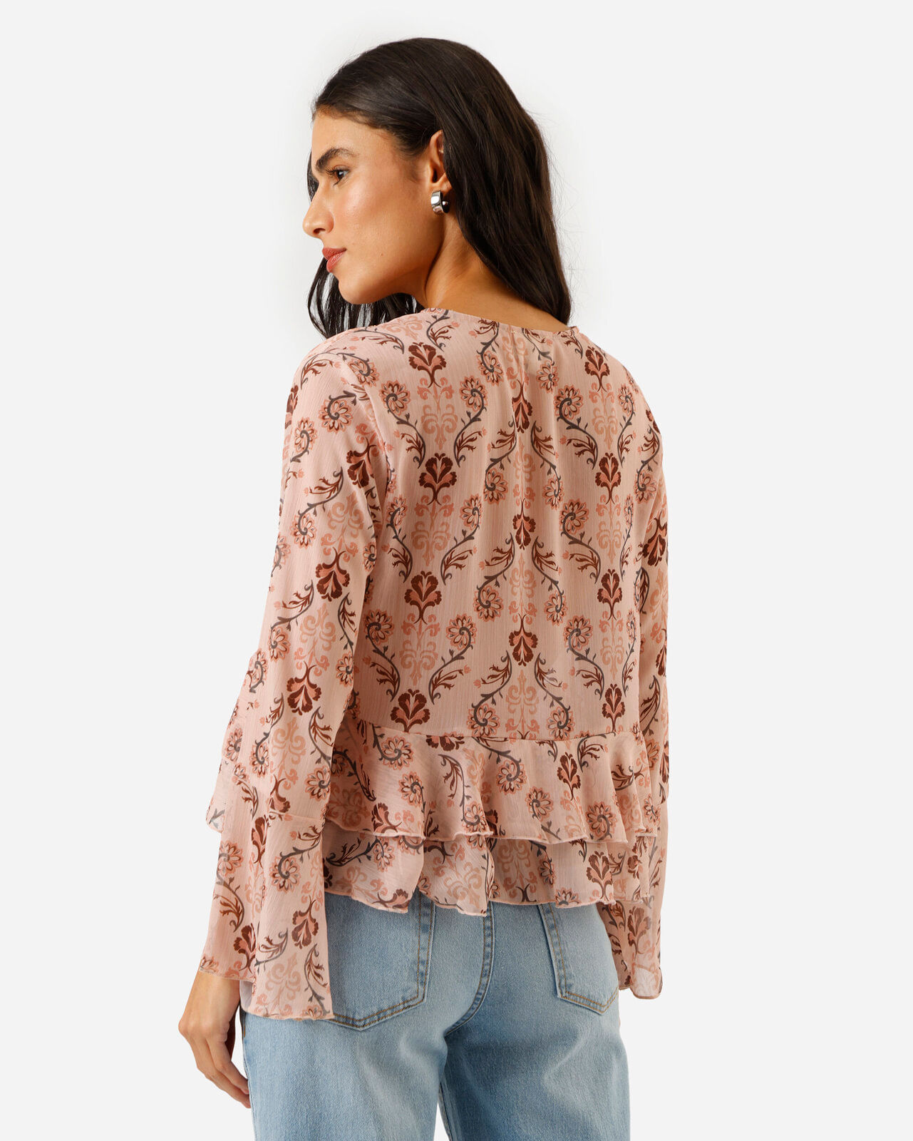 bata feminina manga longa com babados floral bege