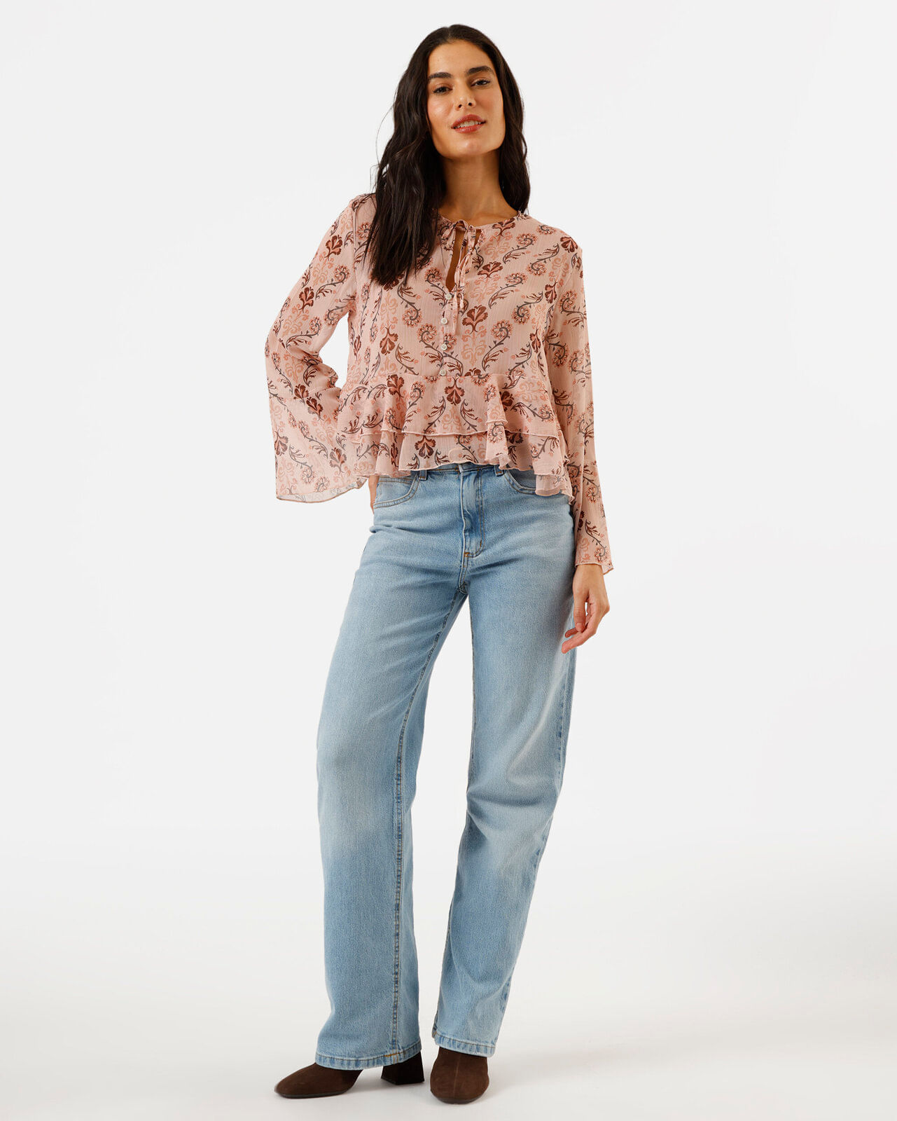 bata feminina manga longa com babados floral bege