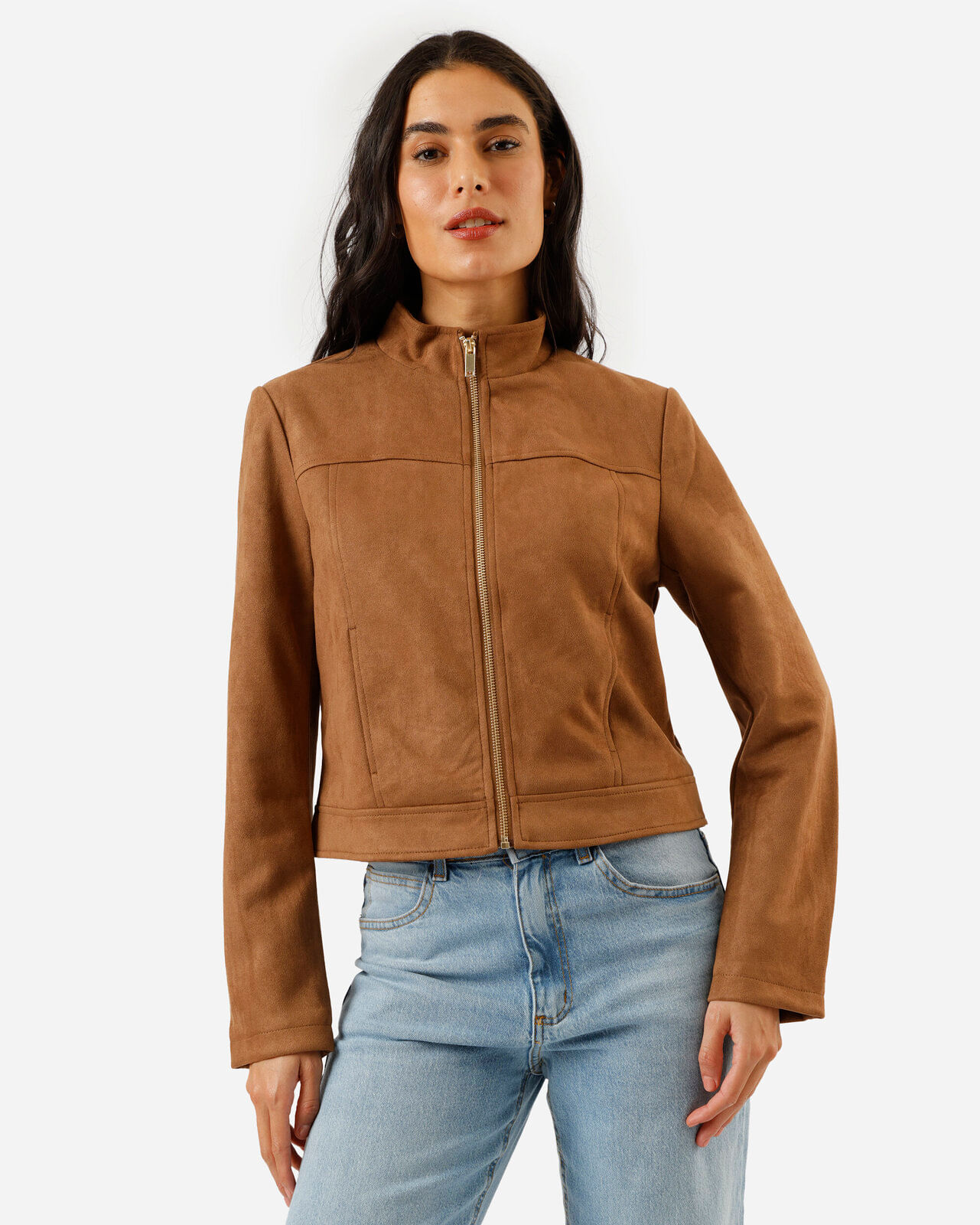 jaqueta feminina de suede gola alta marrom