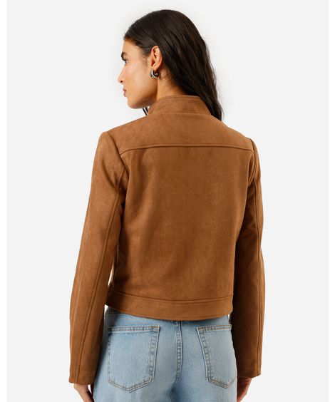 jaqueta feminina de suede gola alta marrom
