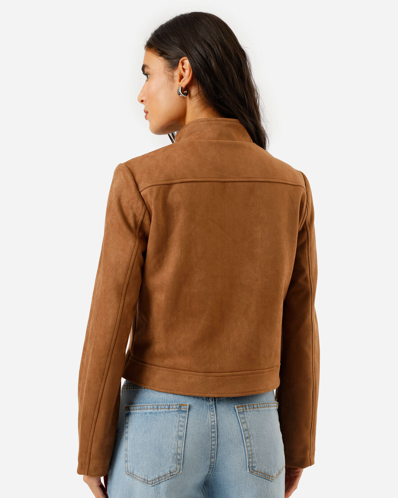 jaqueta feminina de suede gola alta marrom