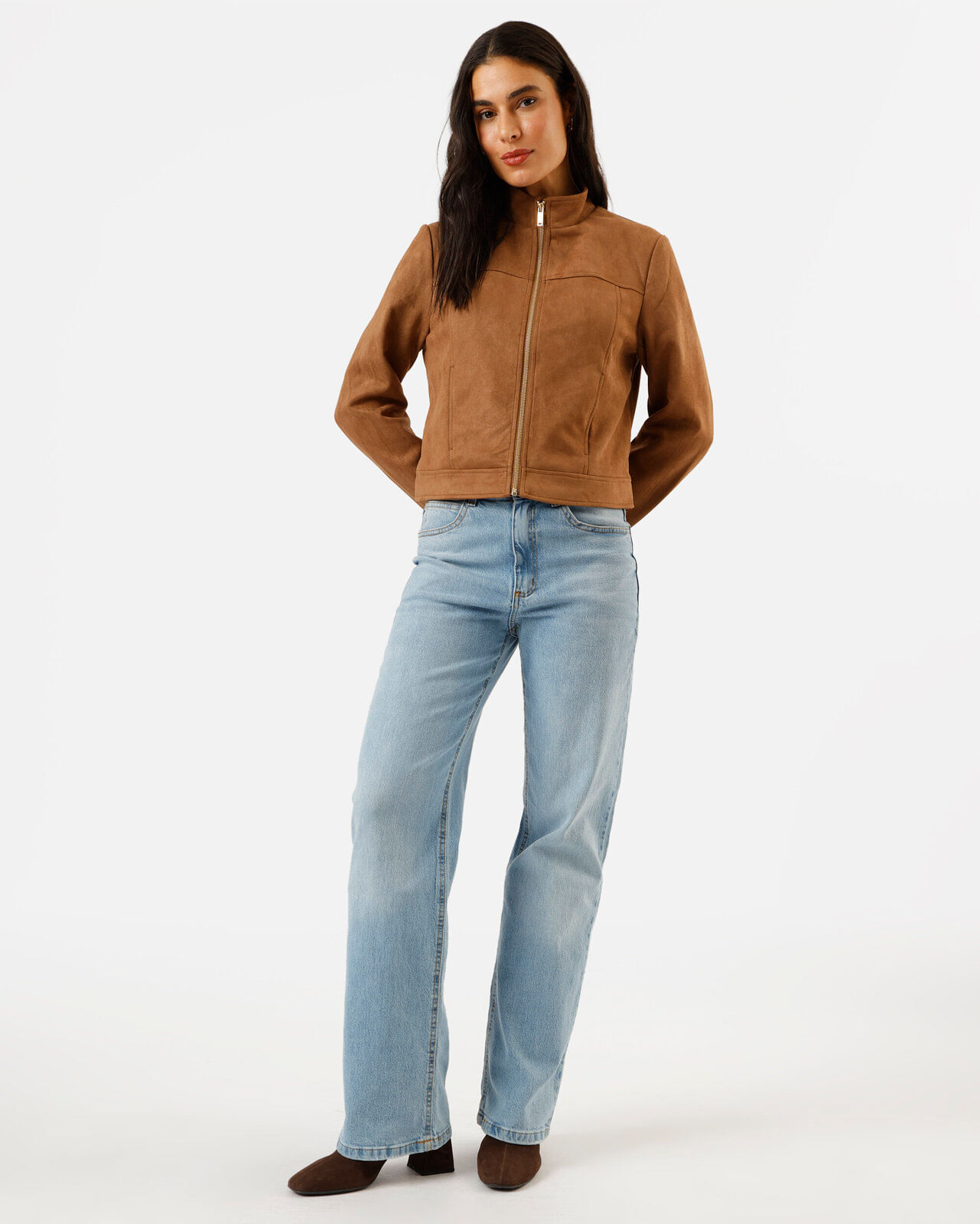 jaqueta feminina de suede gola alta marrom