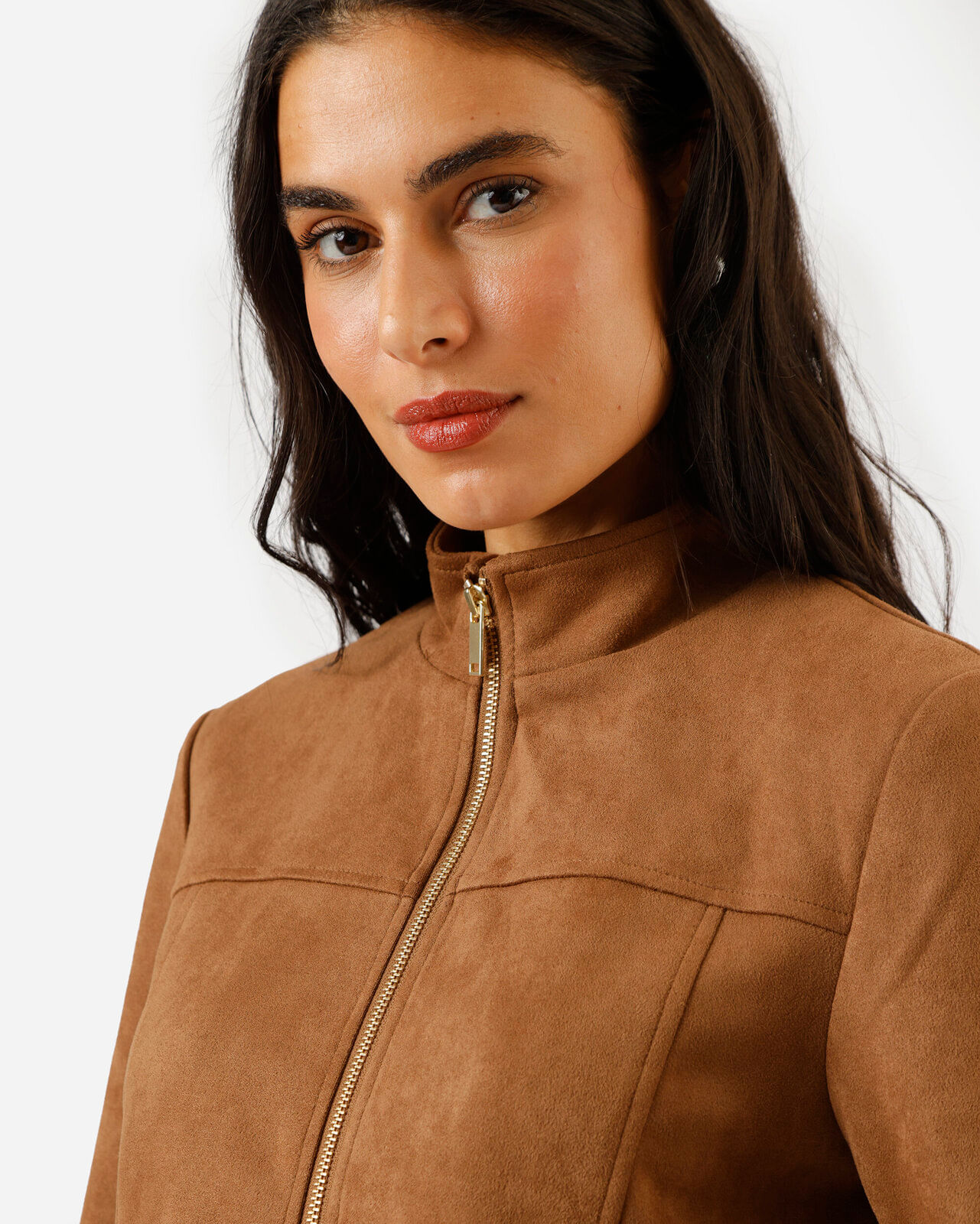 jaqueta feminina de suede gola alta marrom